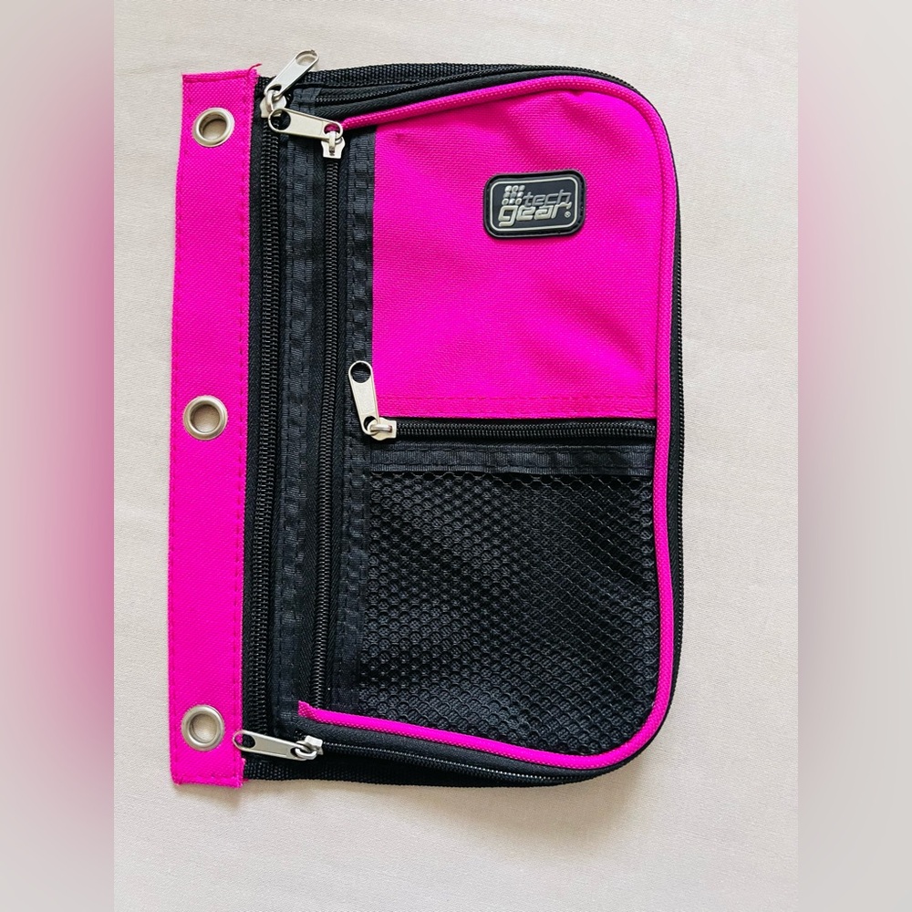 Three hole pencil pouch for a binder pink and black 10 X 7 inches